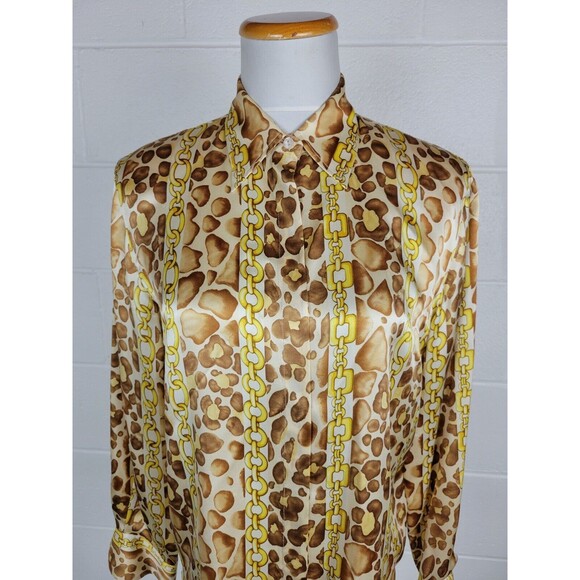 Vtg Starington by Charlotte Womens Leopard Gold Chain Print Silk Blouse Sz 8 - Picture 2 of 10